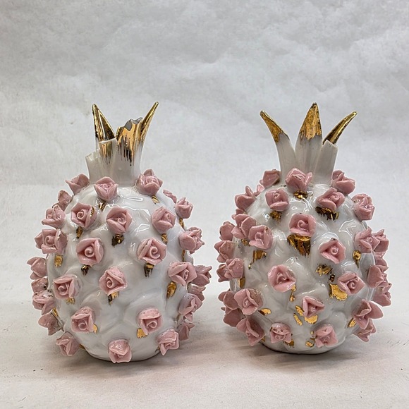 Unbranded Other - Vtg Salt and Pepper Shakers Pink Rose Gold Pineapple KW3053 Japan FAIR Cond READ